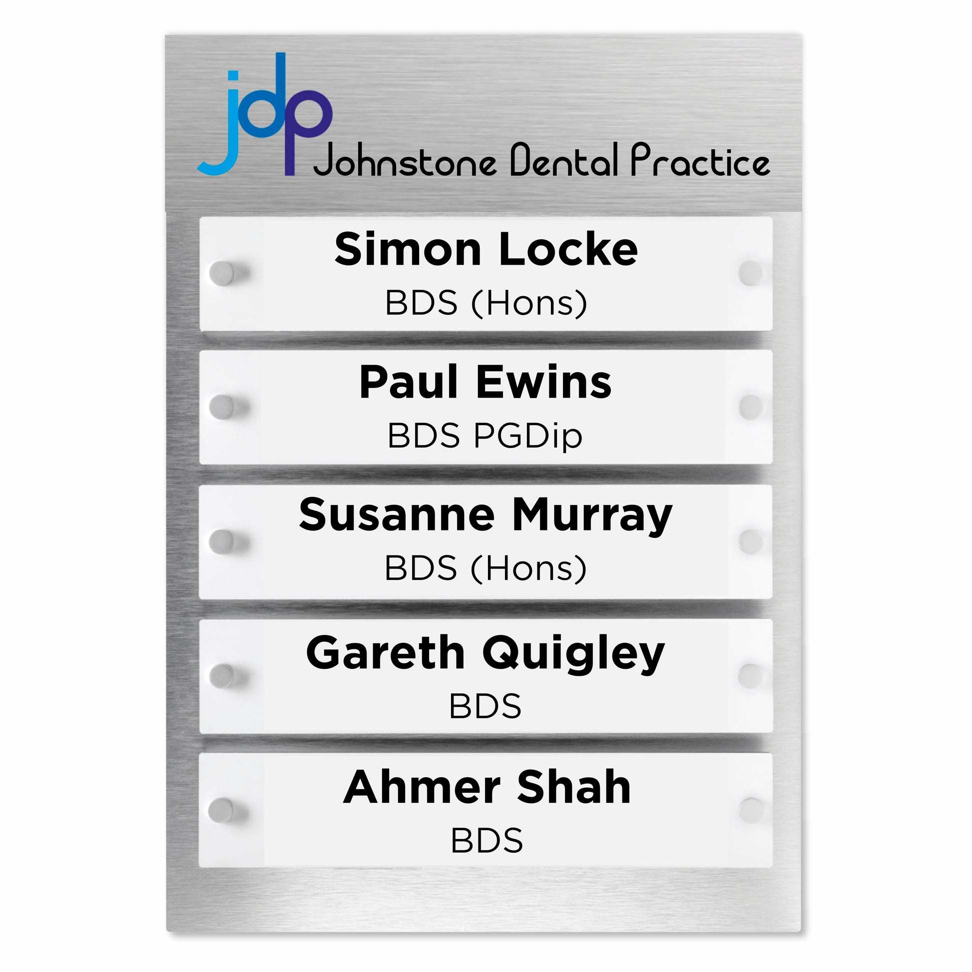 Custom Staff Name Board - Silver Back Panel White Inserts (dental) | Viro Display